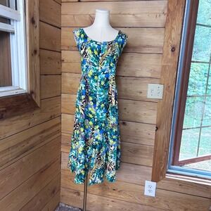 Blue Sky Clothing Mixed Print Midi Dress Womens Medium Blue Floral Animal Bamboo
